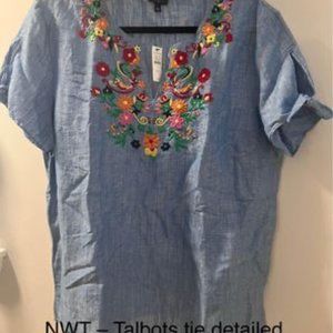 NWT - Talbots tie sleeve embroidered detail top XL